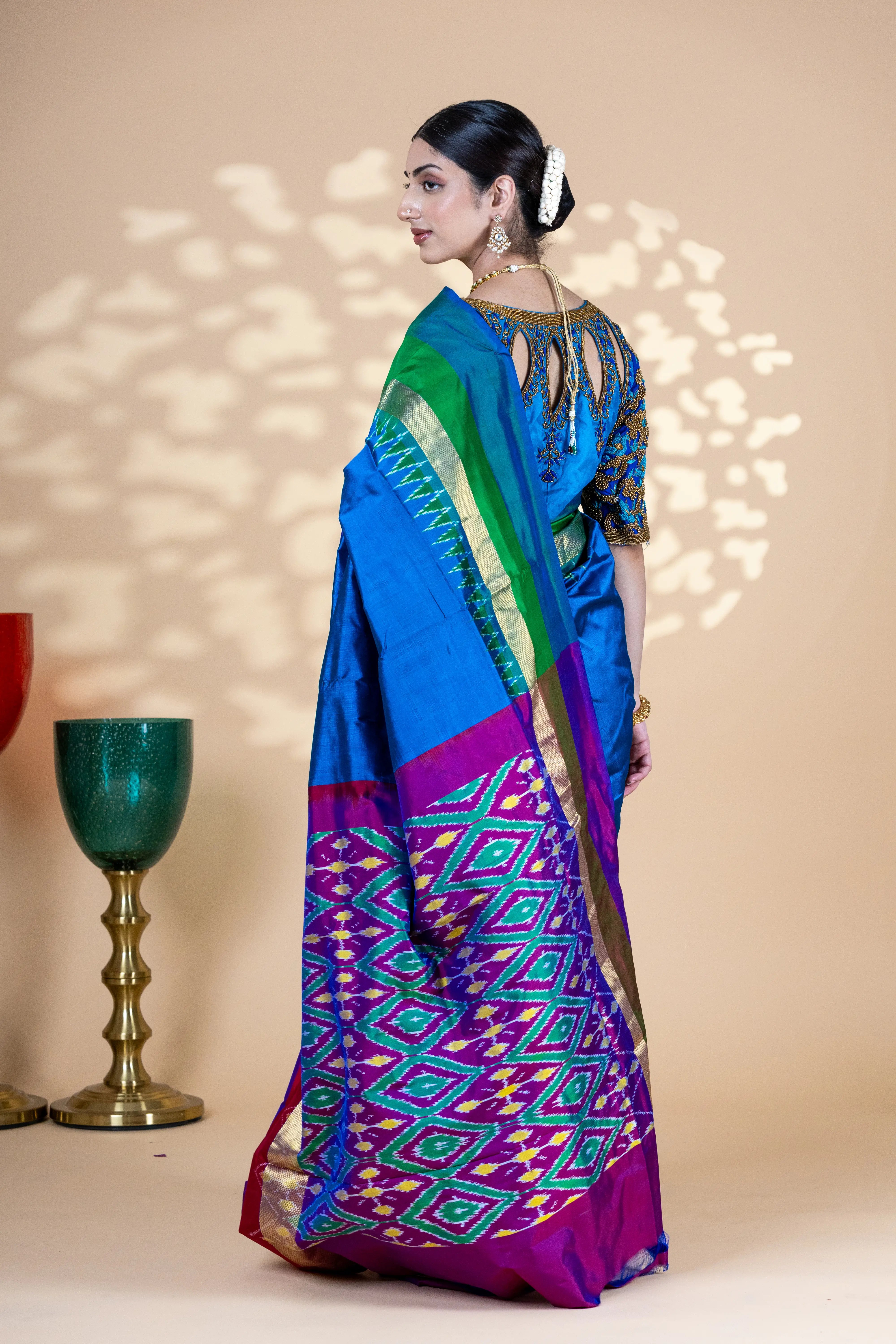 Blue Pochampally Silk Saree With Beautiful Multi Color And Zari Border With Ikkat Detailing